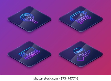 Set Isometric line Magnifying glass and taxi car, Laptop with location marker, Bus and Hand on map pointer with taxi. Blue square button. Vector