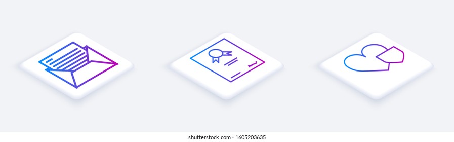 Set Isometric line Mail and e-mail, Certificate template and Heart with shield. White square button. Vector
