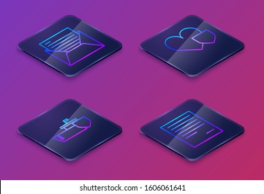 Set Isometric line Mail and e-mail, Ship with shield, Heart with shield and Document. Blue square button. Vector