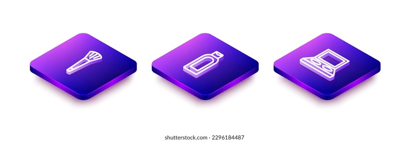 Set Isometric line Makeup brush, Bottle of shampoo and Eye shadow palette with icon. Vector