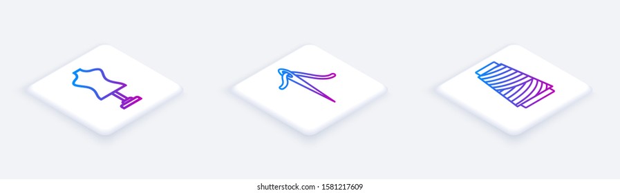 Set Isometric line Mannequin, Needle for sewing with thread and Sewing thread on spool. White square button. Vector