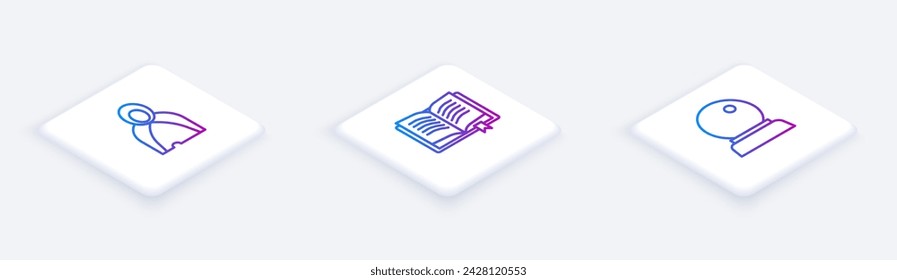 Set Isometric line Mantle, cloak, cape, Ancient magic book and Magic ball. White square button. Vector