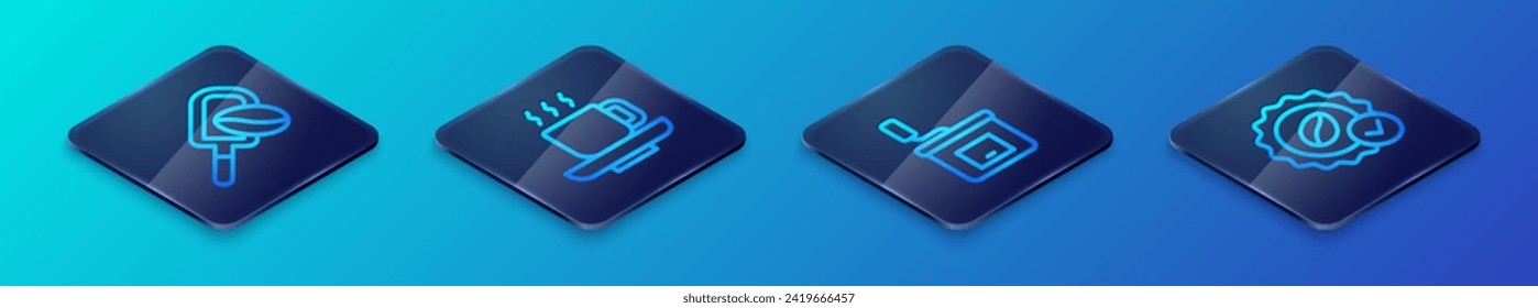 Set Isometric line Manual coffee grinder, Spatula with grain, Medal for and Coffee cup icon. Vector