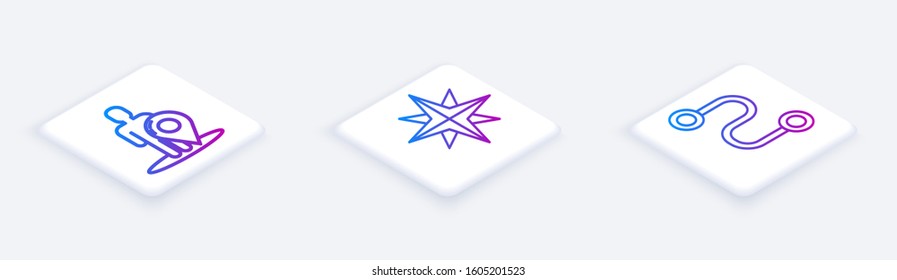 Set Isometric line Map marker with a silhouette of a person, Wind rose and Route location. White square button. Vector