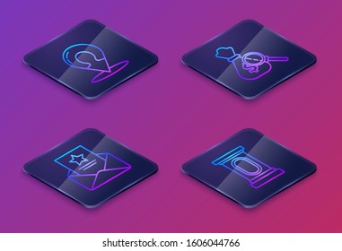 Set Isometric line Map marker with a silhouette of a person, The arrest warrant, Money bag and magnifying glass and Stage stand or debate podium rostrum. Blue square button. Vector