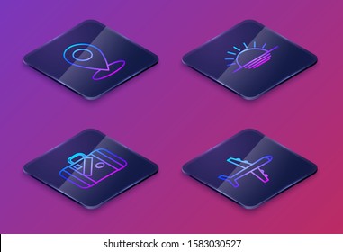 Set Isometric line Map pin, Suitcase for travel and stickers, Sunset and Plane. Blue square button. Vector