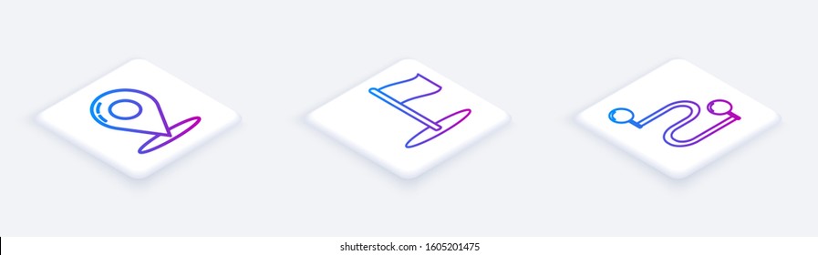 Set Isometric line Map pin, Flag and Route location. White square button. Vector