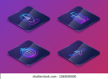 Set Isometric line Map pointer with Eiffel tower, Globe with flying plane, Suitcase for travel and Plane. Blue square button. Vector