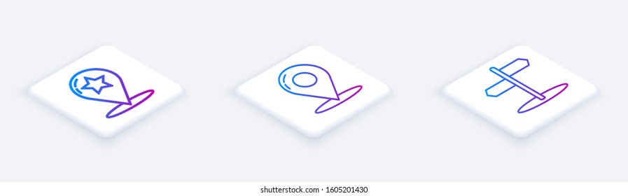 Set Isometric line Map pointer with star, Map pin and Road traffic sign. White square button. Vector