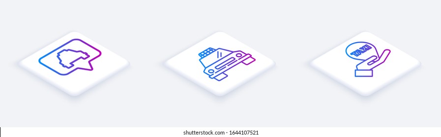 Set Isometric line Map pointer with taxi, Taxi car and Hand on map pointer with taxi. White square button. Vector