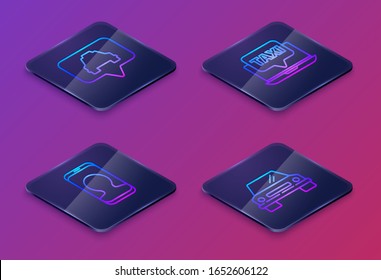 Set Isometric line Map pointer with taxi, Taxi call telephone service, Laptop call taxi service and Car. Blue square button. Vector