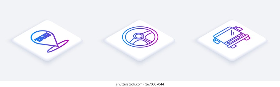 Set Isometric line Map pointer with taxi, Steering wheel and Bus. White square button. Vector