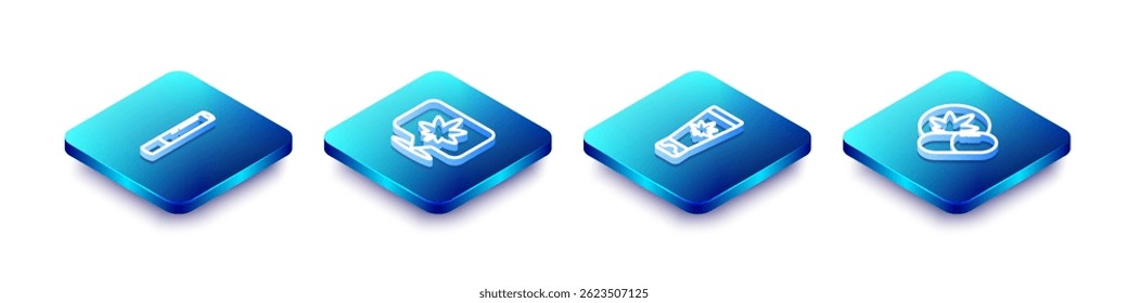 Set Isometric line Marijuana joint, Location and cannabis, Medical cream with marijuana and Herbal ecstasy tablets icon. Vector