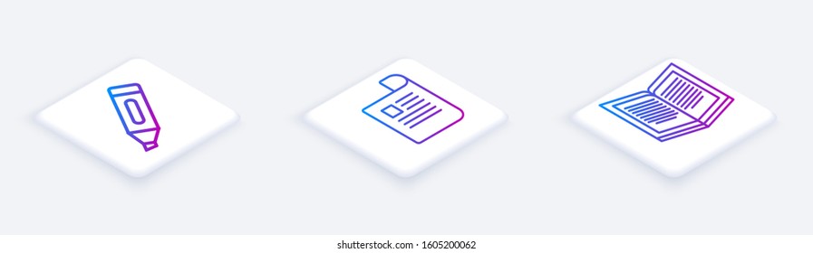 Set Isometric line Marker pen, Document and Open book. White square button. Vector