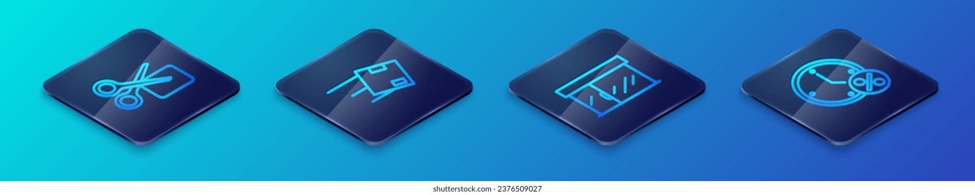 Set Isometric line Market store, Scissors cuts discount coupon, Clock and percent and Location with cardboard box icon. Vector