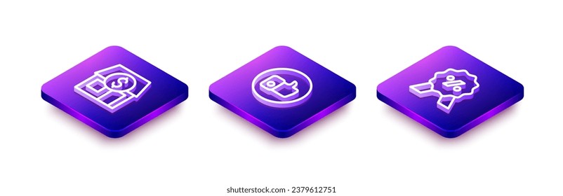Establezca la línea isométrica Almacén de mercado, icono de etiqueta Estilo de mano y Porcentaje de descuento. Vector