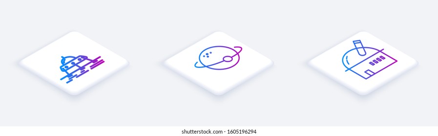 Set Isometric line Mars rover, Planet and Astronomical observatory. White square button. Vector