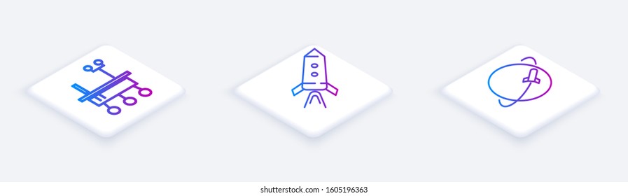 Set Isometric line Mars rover, Rocket ship with fire and Planet. White square button. Vector