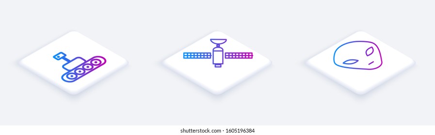 Set Isometric line Mars rover, Satellite and Alien. White square button. Vector