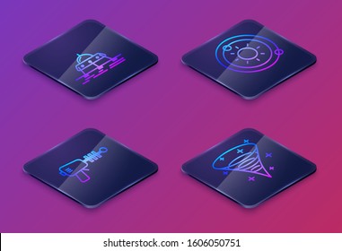 Set Isometric line Mars rover, Ray gun, Solar system and Black hole. Blue square button. Vector