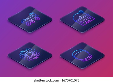 Set Isometric line Mars rover, Black hole, Astronomical observatory and Astronaut helmet. Blue square button. Vector