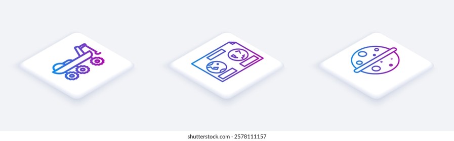Set Isometric line Mars rover, Celestial map of the night sky and Planet Venus. White square button. Vector