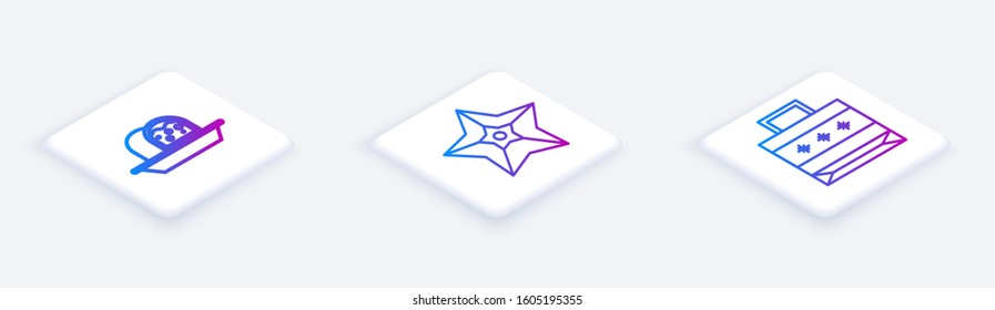 Set Isometric line Marzipan sponge cake, Christmas star and Christmas paper shopping bag. White square button. Vector