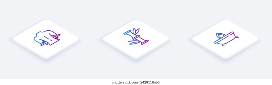 Set Isometric line Massage, Bamboo and Aroma candle. White square button. Vector