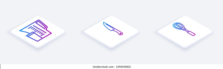 Set Isometric line Measuring cup, Knife  and Kitchen whisk . White square button. Vector