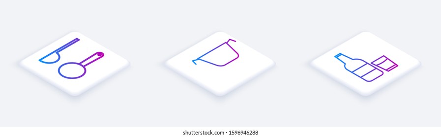 Set Isometric line Measuring spoon , Cooking pot  and Glass bottle with milk and glass . White square button. Vector