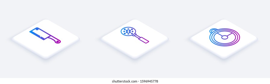 Set Isometric line Meat chopper , Spatula  and Kitchen timer . White square button. Vector