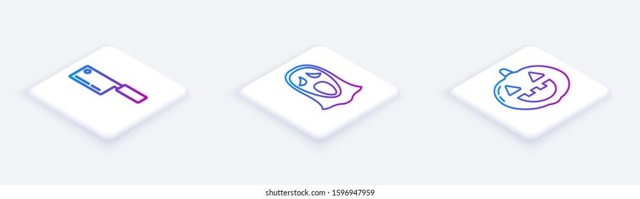 Set Isometric line Meat chopper , Funny and scary ghost mask for Halloween  and Pumpkin . White square button. Vector