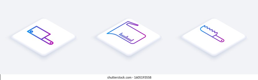 Set Isometric line Meat chopper, Measuring cup and Bread knife. White square button. Vector