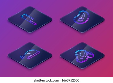 Set Isometric line Meat chopper, Roasted turkey or chicken, Steak meat and Grilled steak meat and fire flame. Blue square button. Vector