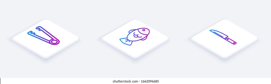 Fijar la línea isométrica Tonos de carne, Pescado y Cuchilla. Botón cuadrado blanco. Vector