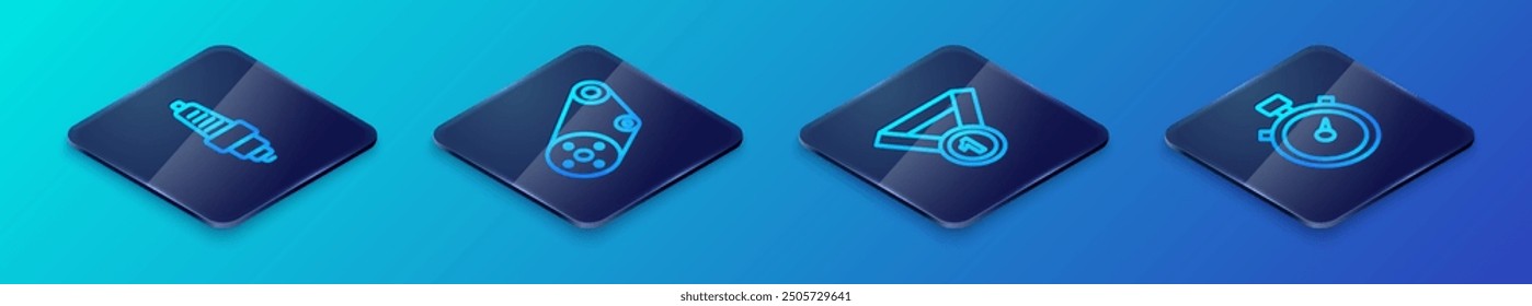 Set Isometric line Medal, Car spark plug, Stopwatch and Timing belt kit icon. Vector