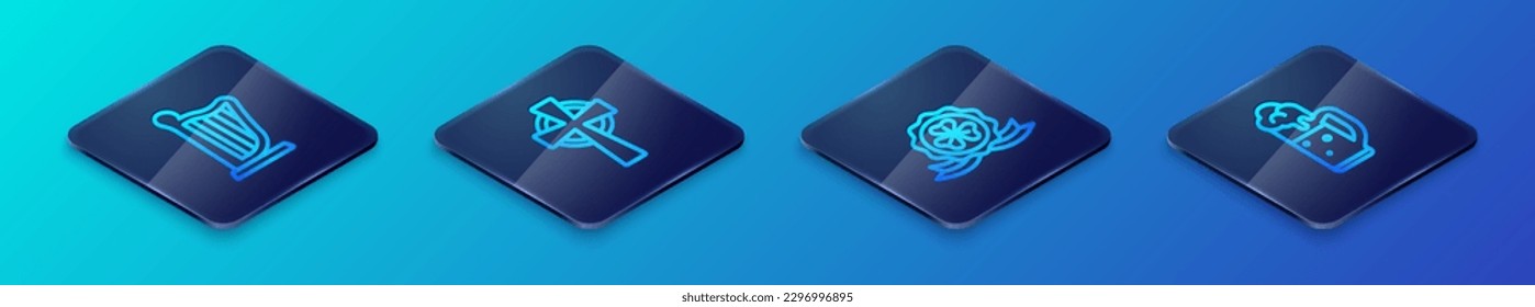 Set Isometric line Medal with clover, Harp, Glass of beer and Celtic cross icon. Vector