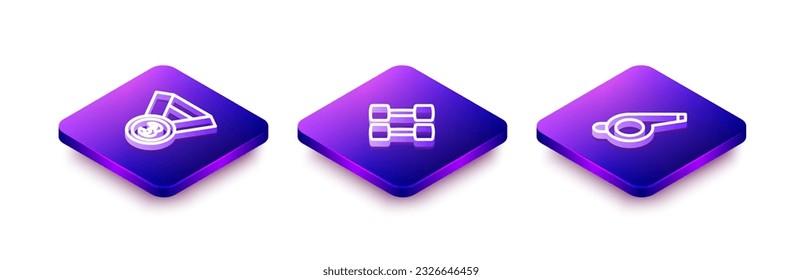 Set Isometric line Medal, Dumbbell and Whistle icon. Vector