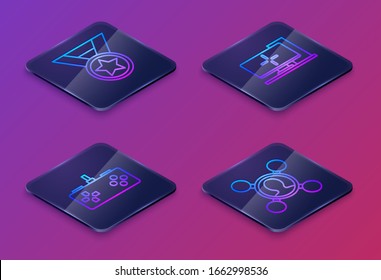 Setze Isometrische Linie Medal, Gamepad, Computermonitor und Share. Blauer Quadrat-Knopf. Vektorillustration