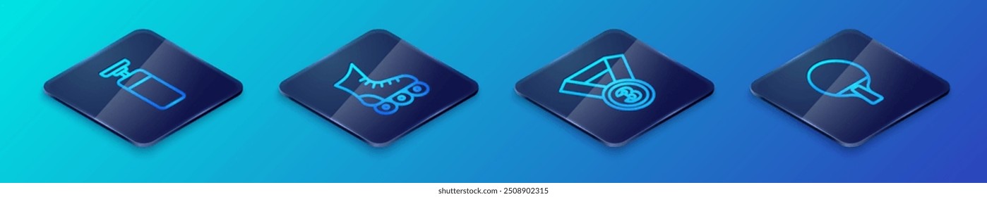 Set Isometric line Medal, Punching bag, Racket and Roller skate icon. Vector