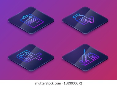 Set Isometric line Medical clipboard with clinical record, Pills in blister pack, Medicine bottle and pills and Medical syringe with needle and vial or ampoule. Blue square button. Vector