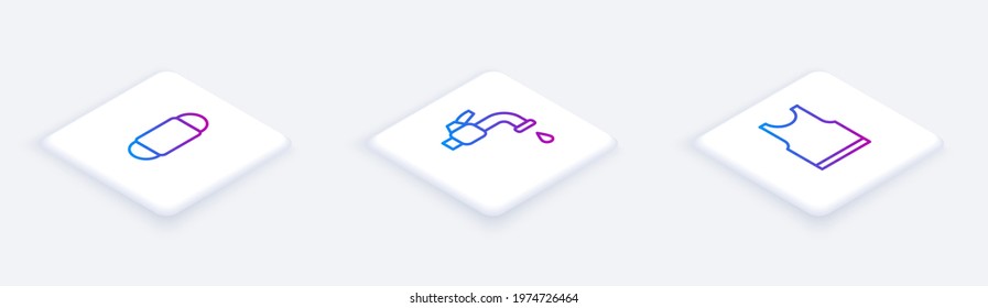 Set Isometric line Medical protective mask, Water tap and Sleeveless T-shirt. White square button. Vector