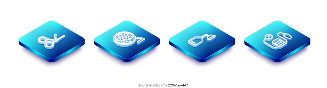 Set Isometric line Medical scissors, Surgery lamp, oxygen mask and Blood pressure icon. Vector