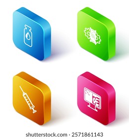 Set Isometric line Medical vial, ampoule, Gene editing, Syringe and Clinical record on monitor icon. Vector
