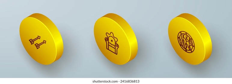 Set Isometric line Medieval arrows, throne and Round wooden shield icon. Vector