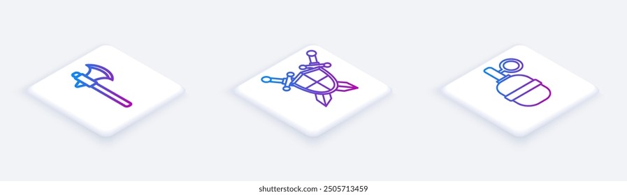 Conjunto de hacha medieval de línea isométrica, escudo medieval con espadas cruzadas y granada de mano. Botón cuadrado blanco. Vector