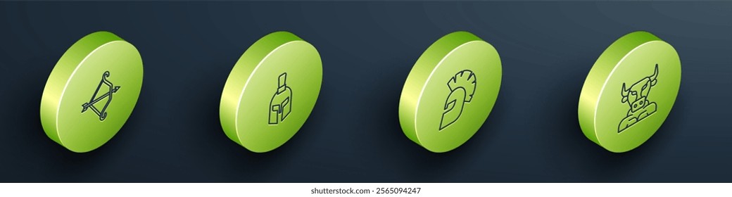 Set Isometric line Medieval bow with arrow, Greek helmet,  and Minotaur icon. Vector