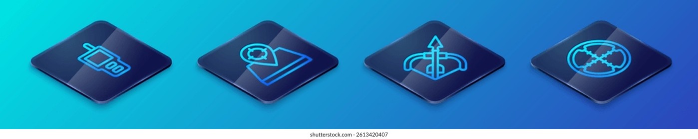 Set Isometric line Medieval bow and arrow, Walkie talkie, Sniper optical sight and Hunt place icon. Vector