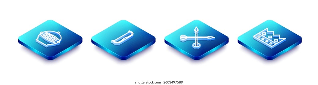 Set Isometric line Medieval iron helmet, bow, crossed arrows and King crown icon. Vector