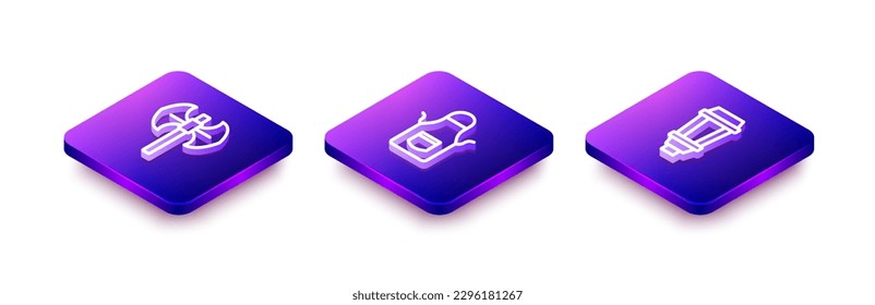 Set Isometric line Medieval poleaxe, Blacksmith apron and Garden light lamp icon. Vector